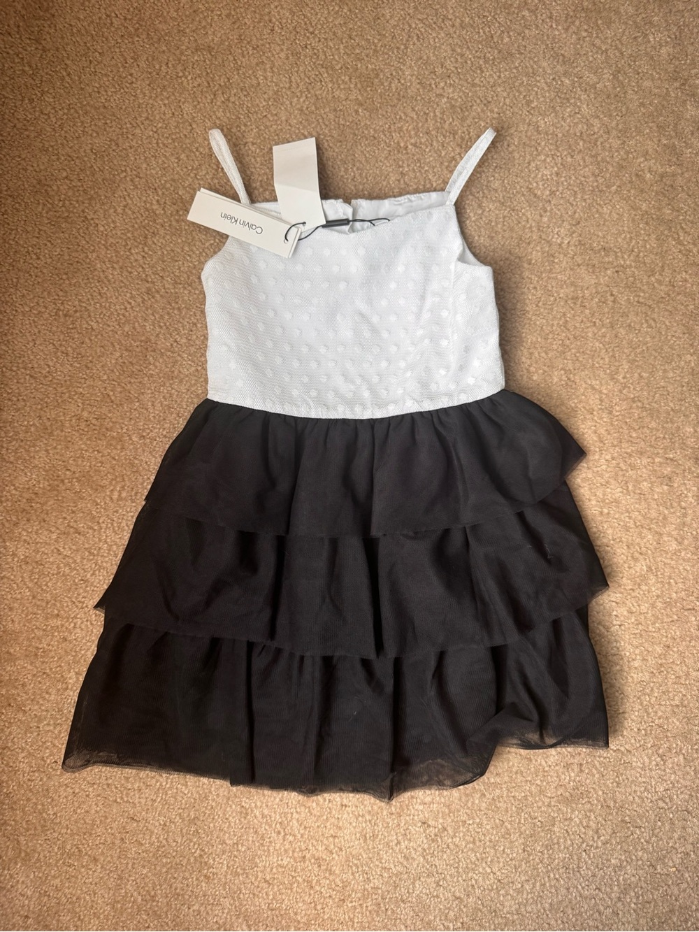 Calvin Klein White Bodice Black Tiered Tulle Dress